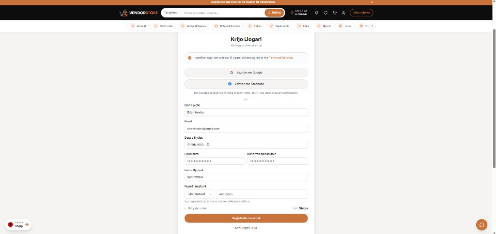 Formulari i regjistrimit si shitës në VendorStore